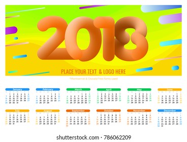 Calendar 2018 template with cool bubble numbers. The week starts from Monday. Vector illustration. A3 Landscape orientation.