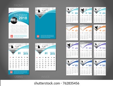 Calendar 2018 template design, blue cover, Set of 12 Months, Vector design stationery template.
