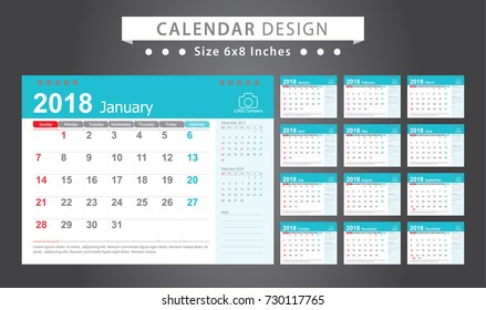Calendar 2018 template design with place for photo and company logo. Week starts on Sunday. Set desk calendar of 12 months. size 6x8 inches.