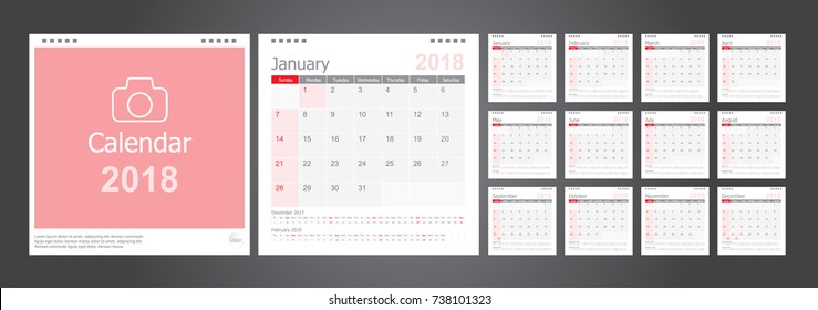 Calendar 2018 template design with place for photo and company logo. Week starts on sunday. Set desk calendar of 12 months.