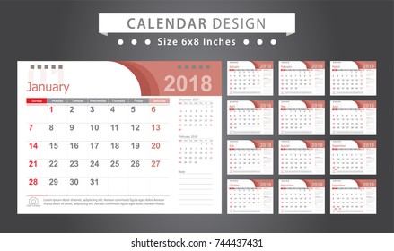 Calendar 2018 template design with place for photo and company logo. Week starts on sunday. Set desk calendar of 12 months. size 6x8 inches.