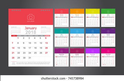 Calendar 2018 template design with place for photo and company logo. Calendar week starts on sunday. Set desk calendar of 12 months.