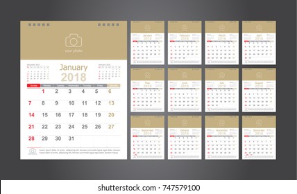 Calendar 2018 template design with place for photo and company logo. Week starts on sunday. Set desk calendar of 12 months.
