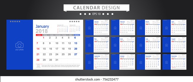 Calendar 2018 template design with place for photo and company logo. Week starts on sunday. Set desk calendar of 12 months. size 6x8 inches.