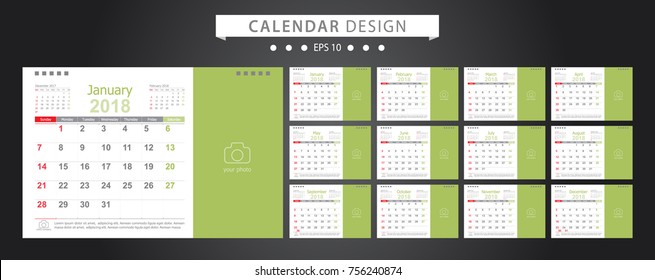 Calendar 2018 template design with place for photo and company logo. Week starts on sunday. Set desk calendar of 12 months.