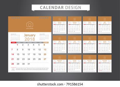 Calendar 2018 template design with place for photo and company logo. Week starts on sunday. Set desk calendar of 12 months.