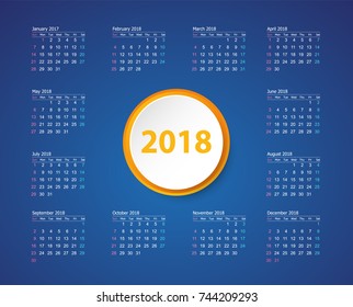 Calendar 2018 template design. Calendar week starts on sunday. Set desk calendar of 12 months.