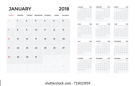 Plantilla de calendario 2018. Semana de planificación del calendario. vectorial