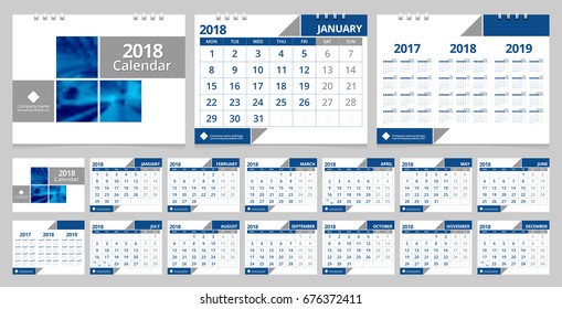 Calendar 2018 template week start on Monday. Sample image with Gradient Mesh.