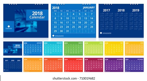 Calendar 2018 template week start on Monday. Sample image with Gradient Mesh.