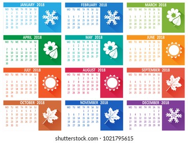 Calendar 2018, template. Week starts from Monday. Vector illustration