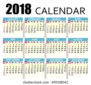 Calendar 2018. template. the week starts on Sunday. vector illustration