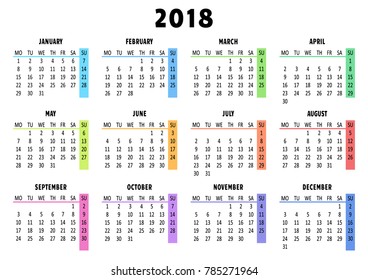 Calendar 2018, template. Week starts from Monday. Vector illustration