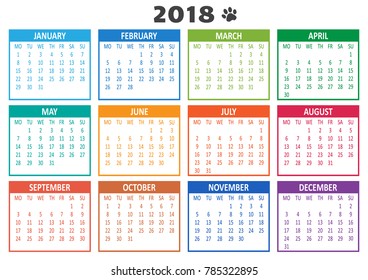 Calendar 2018, template. Week starts from Monday. Vector illustration