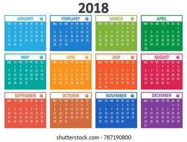 Calendar 2018, template. Week starts from Monday. Vector illustration