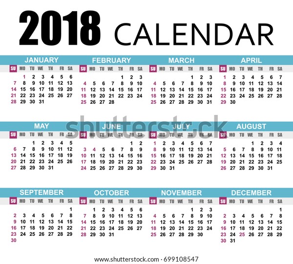 Calendar 2018 Template Week Starts On Stock Vector (Royalty Free ...