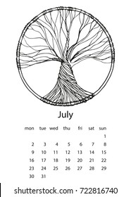 Calendar 2018 with tree of life in hand drawn style. For print, decor and creative design. Vector illustration
