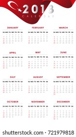 Calendar 2018. Turkey waving flag. Week starts from sunday. Vector illustration.