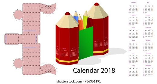 Calendar 2018  twelve Months, Weekend days highlighted, Box design, business planning, pencil case, die-stamping, Isolated on white background. 