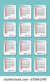 Calendar for 2018. Twelve sheets with the shadows are containing a calendar for each month of the year with days of the month. Vertically.