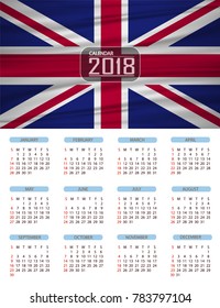 Calendar for 2018 with United Kingdom flag. Sundays first. For business and office needs, web design, presentations and prints. vector illustration.