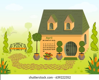 Calendar 2018. Vector. Cute gnome house cartoon and landscape with english garden. For kids. Spring. April. Isometric building.