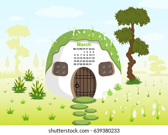 Calendar 2018. Vector. Cute gnome house cartoon and landscape with english garden. For kids. Spring. April. Isometric building.