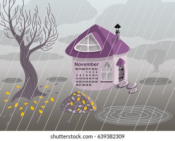 Calendar 2018. Vector. Cute house cartoon and landscape with fallen leaves and rain. For kids. Autumn. Isometric buildings. November.