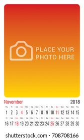 Calendar for 2018. Vector Design Print Template with Place for Photo. Wall calendar ready for print!