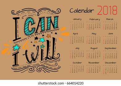 Calendar 2018. Vector design template with motivational quotes. Set of 12 months. 