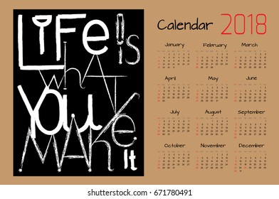 Calendar 2018. Vector design template with motivational quotes. Set of 12 months. 