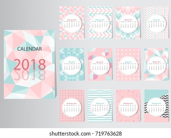 Plantilla de diseño vectorial del Calendario 2018 con patrón abstracto,Conjunto de 12 meses,ilustraciones vectoriales.
