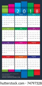 Calendar 2018 Vector Design Template. White squares. Week Starts Sunday.