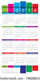Calendar 2018 Vector Design Template. Week Starts Sunday. On white. Vector illustration.
