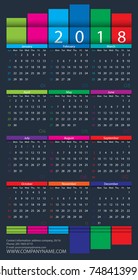 Calendar 2018 Vector Design Template. Week Starts Sunday. On gray. Vector illustration.