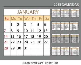 calendar 2018. Vector illustration.    