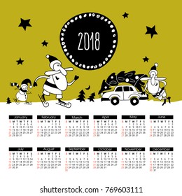 Calendar 2018. Vector illustration. Cheerful Santa Claus.