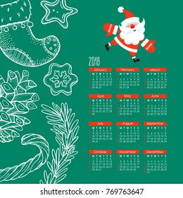 Calendar 2018. Vector illustration. Cheerful Santa Claus. Hand drawn poinsettia, Christmas socks, cookies, candy.