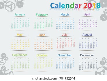Calendar 2018 Vector illustration with colorful,cog.