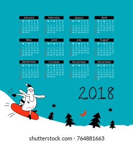 Calendar for 2018. Vector illustration with funny Santa Claus on skis.