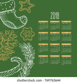 Calendar 2018. Vector illustration. Hand drawn poinsettia, Christmas socks, cookies, candy.