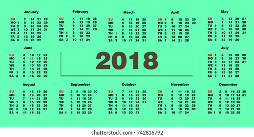 Calendar 2018. Vector illustration  template for 2018 years. 