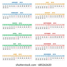 Calendar for 2018. Vector illustration. The week starts on Monday.