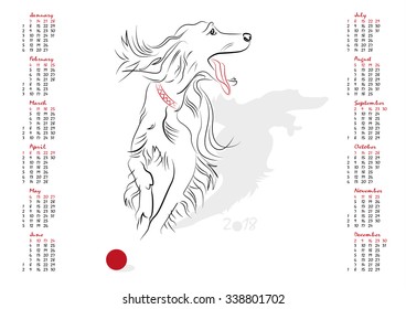 Calendar 2018 in vector isolated on white background.  The Year of the Dog. Week starts from sunday. 
