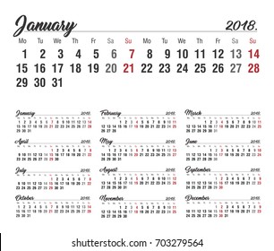 Calendario. Calendario 2018. Plantilla de impresión vectorial.