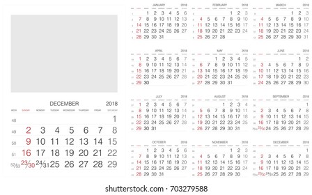 Calendar. 2018 Calendar. Vector print template.