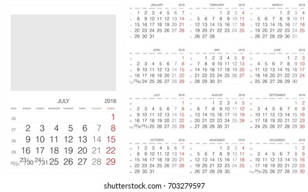 Calendar. 2018 Calendar. Vector print template.