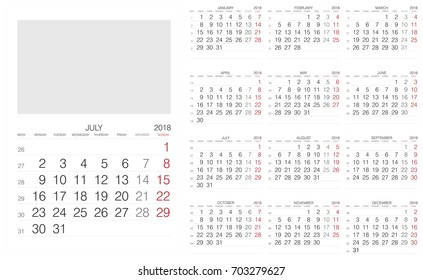Calendar. 2018 Calendar. Vector print template.