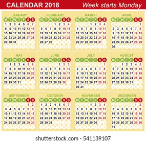 Calendar 2018. Vector template. Numbers in circle. Yellow-green color. Week Starts Monday.