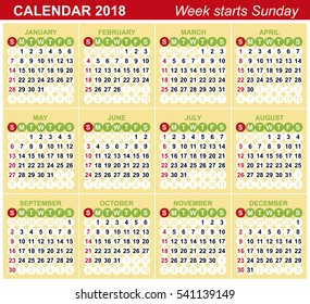 Calendar 2018. Vector template. Numbers in circle. Yellow-green color. Week Starts Sunday.